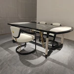 Glass & Marble Top Dining Table with Black Frame & Gold Stainless Steel Accents